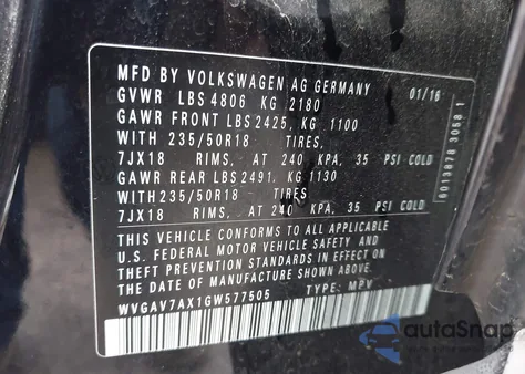 2016 Volkswagen Tiguan Se from USA, damaged, VIN WVGAV7AX1GW577505